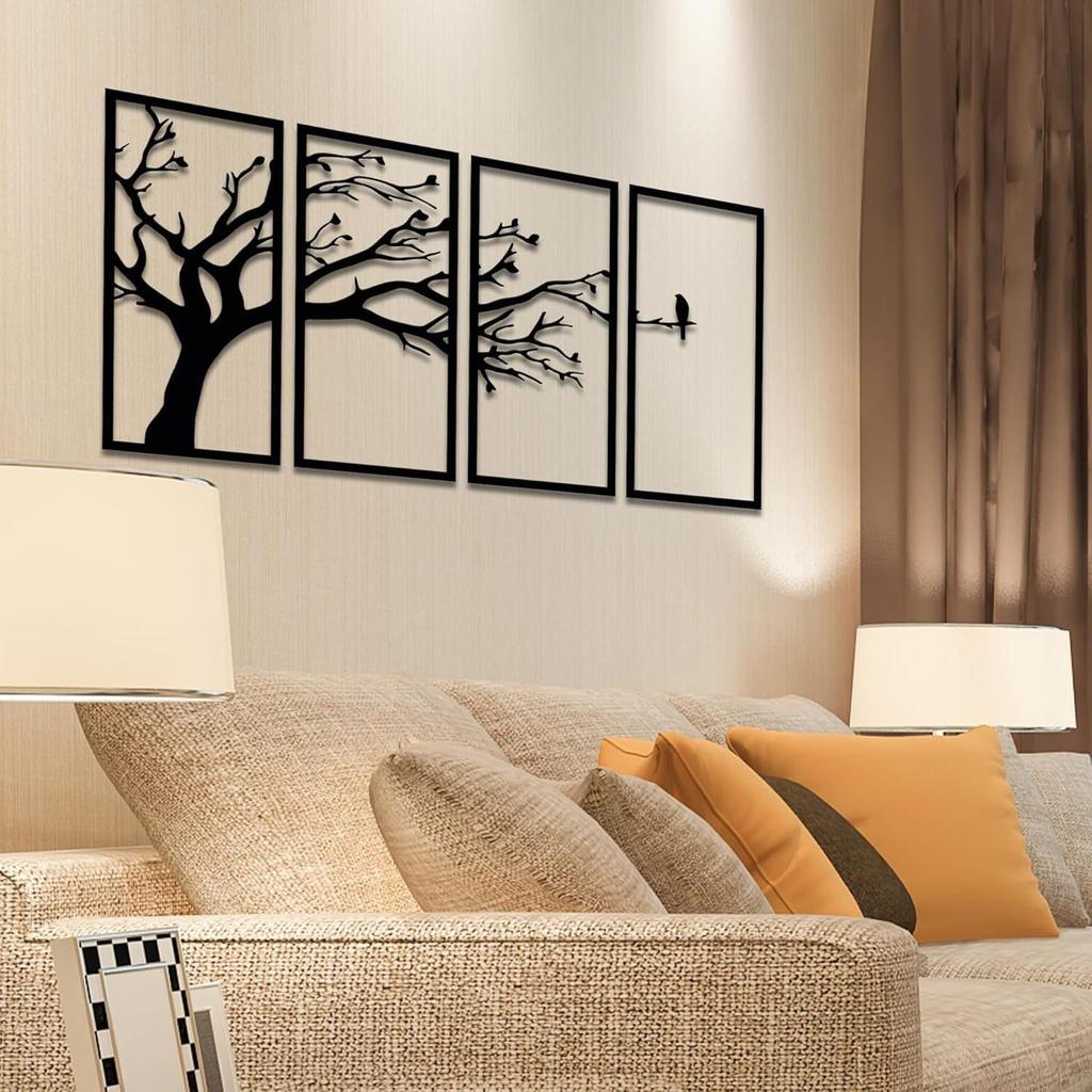 Pre-Laminated Pine Wood Bird On a Tree In Wall Art | Laser Cut Precision | For Home Décor | For Gifting (Set of 4)