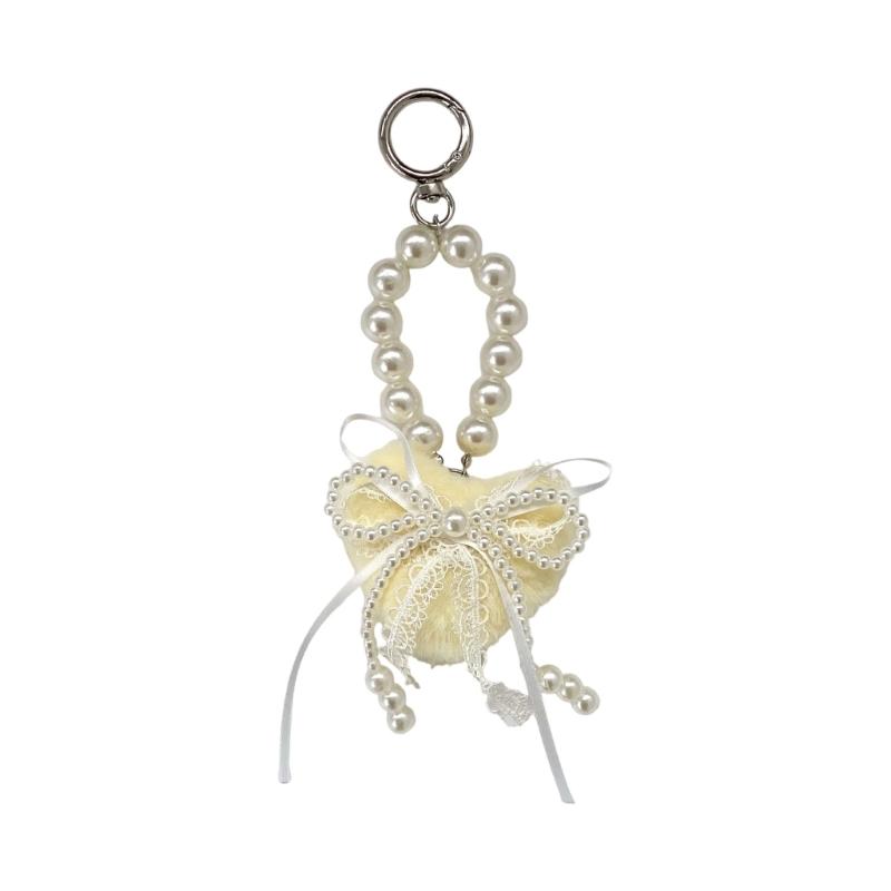 

Lovely Heart Shaped Plush Keychain with Lace Pearls Detail, Decorative Bowknot Bag Charm for Women Girls Gift