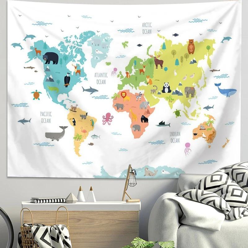 Arazzo Mappa del Mondo Animali Cartoni Animati Poliestere da Appendere alla Parete Tessuto di Sfondo Educativo per Stanza Bambini Asilo Nido Camera da Letto Decorazione