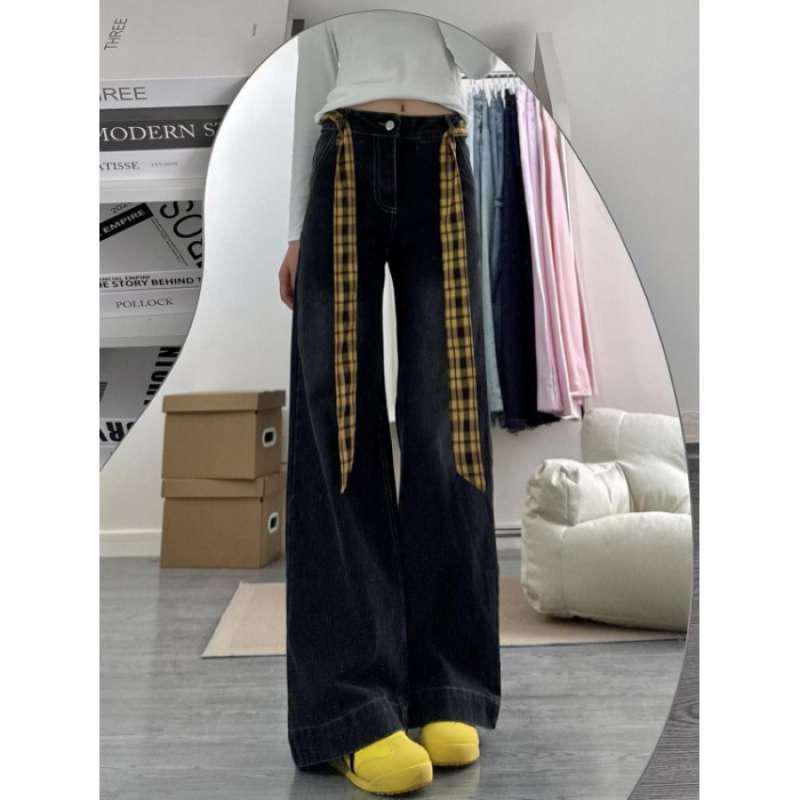 

2026 American Style Retro Plaid Patchwork Straight-Leg Jeans 2XL серый/чёрный