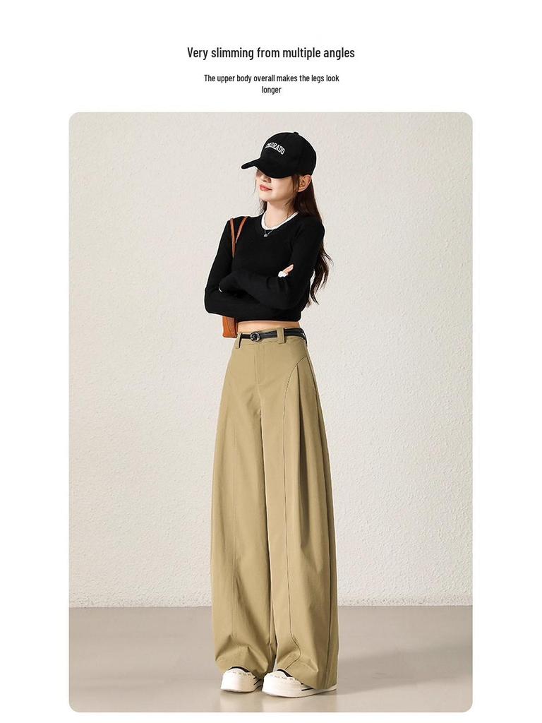 Women's High-Waisted Khaki Wide-Leg Pants with Side Pleats - Slimming, Trendy Fashion for Spring & Autumn 2025