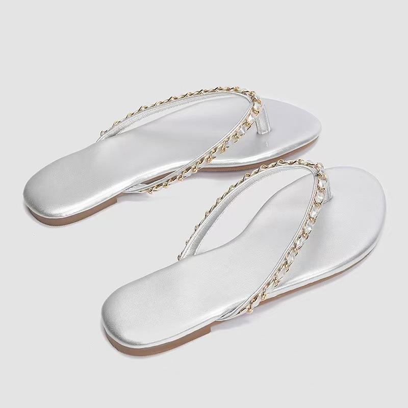 

Sandals women s summer outer wear fashion chain flat bottom flip-flops casual versatile beach sandals 41 серебряный