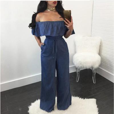 Women's 2025 Casual Wide Leg Denim Jumpsuit with Ruffled Sleeveless Design and Lace-up Detail