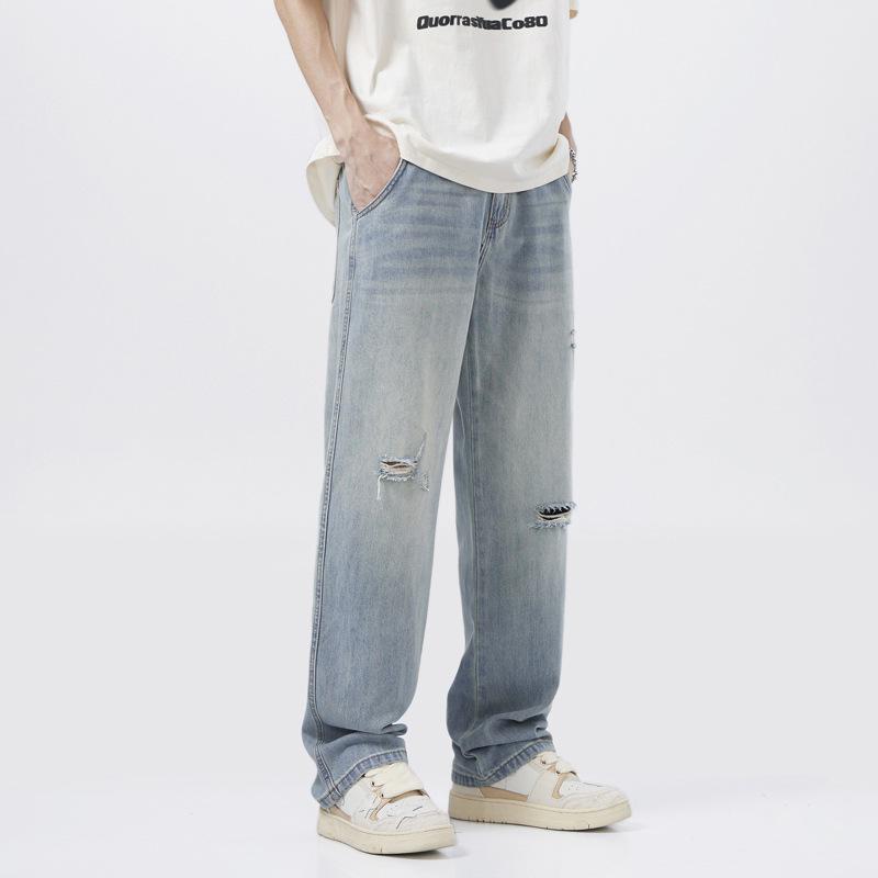 American straight ripped jeans men's and women's casual trousers loose pants tide ins high street denim floor pants