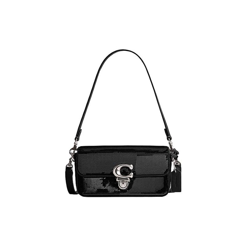 

COACH Studio 20 brand logo large logo sequins cow leather baguette shoulder bag small size women s black чёрный