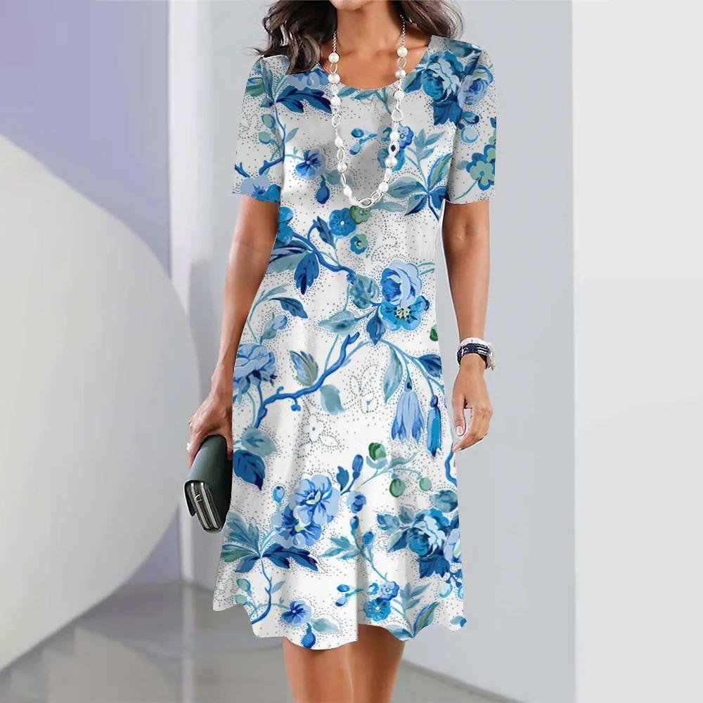2025 Sommerurlaub Kleid mit Knitterblumenmuster elegant kurzärmlig O-Ausschnitt Kleidung Streetwear lockeres Kleid