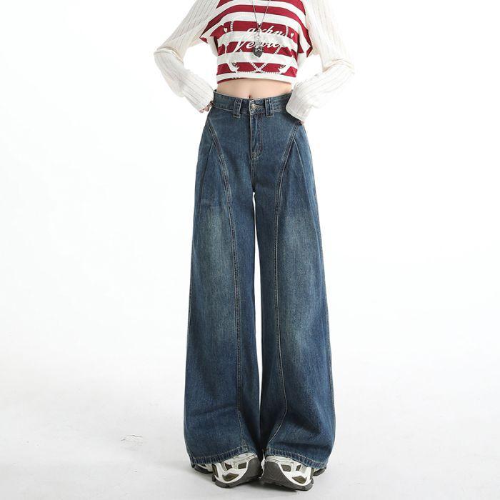 Early Spring Vintage High Waist Drape Elastic Waist Relaxed Wide Leg Denim Pants For Pear Shaped Body Ladies Casual Pants Oversize Denim Trousers