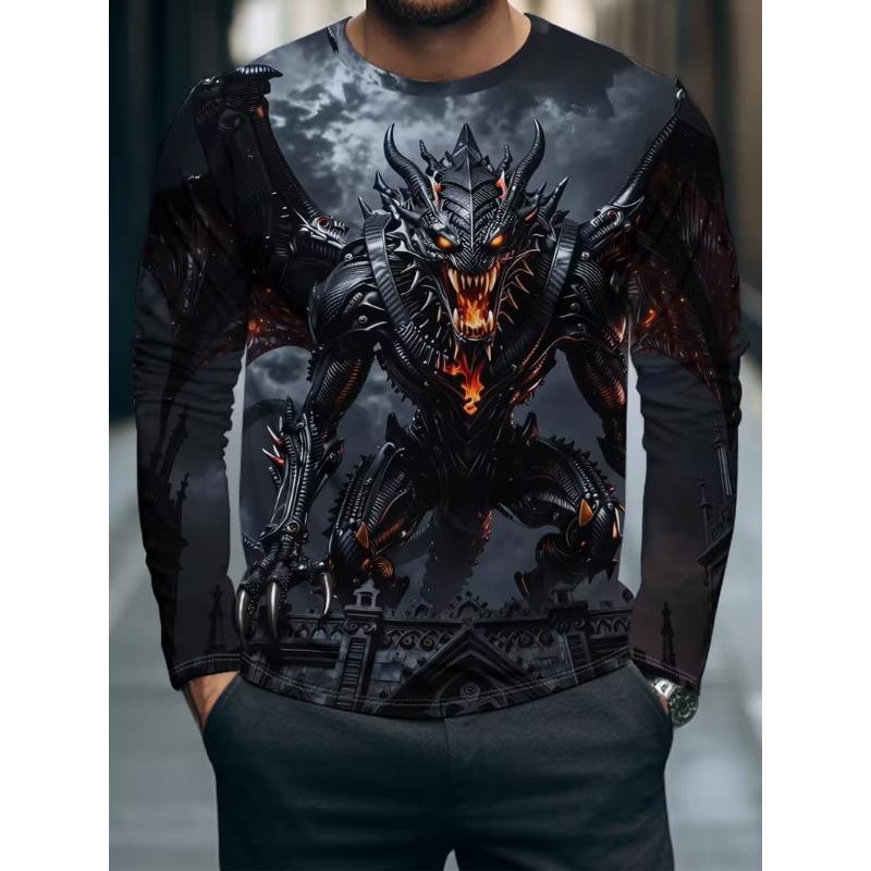 T-shirt décontracté à manches longues et col rond pour homme, imprimé, automne et hiver