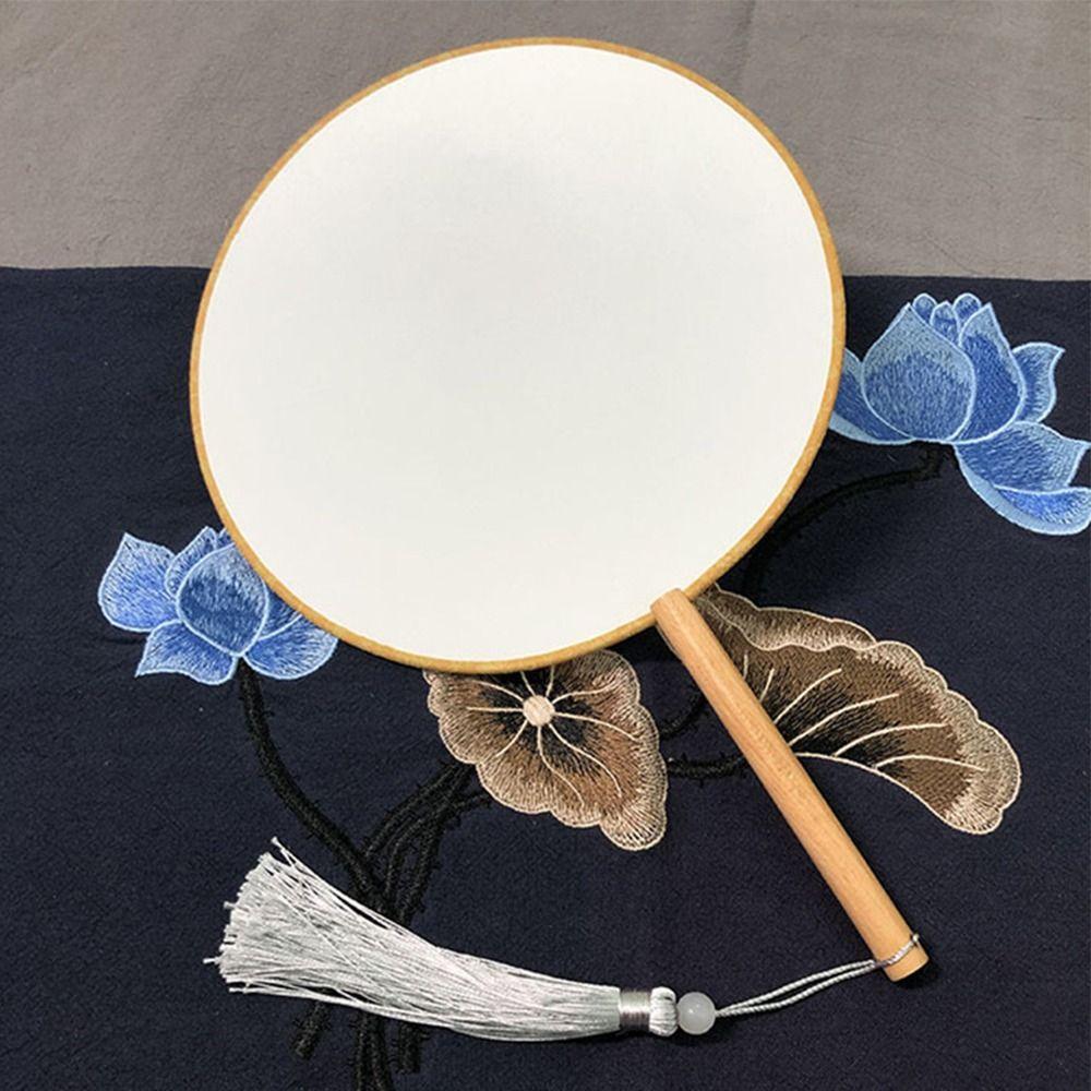 Embroidery Blank Round Hand Fan Chinese Style Wooden Silk Hand Fan Dance Fan  Hanfu Accessories