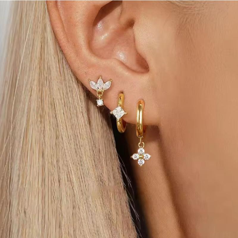 3PCS Crystal Flower Tragus Stud Earring Set Women Fashion Square Huggie Hoop Earring Bulk Cartilage Helix Jeweley Lobe Piercing
