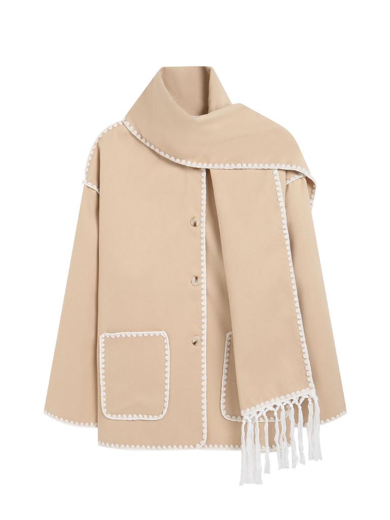 Evropský a americký dámský vlněný kabát 2023 s šálou a střapci - Zesílený, volný střih.