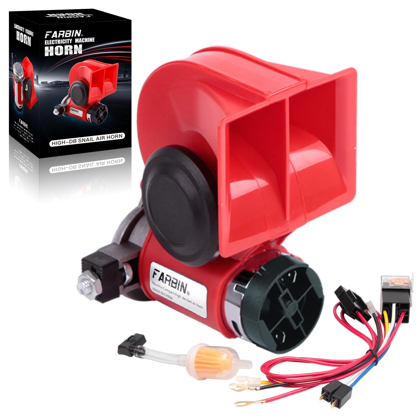 

FARBIN Компактный Воздушный Супер Электрический Воздушный Включает Реле и Пылезащищенный DC Универсальный для Морской 125дБ Красный Воздушный Гудок, Громкий, Гудок, Жгут, Дизайн, 24В,