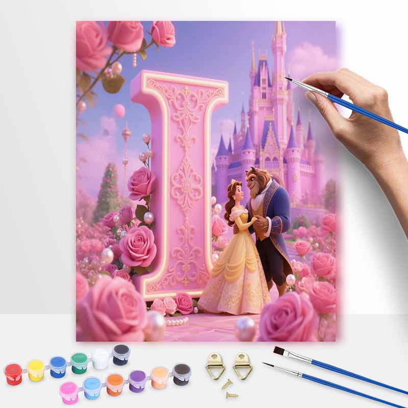Disney Beauty and Beast oil painting art painting kit, handmade diy art painting home wall decoration with pink roses castle design 20x30cm