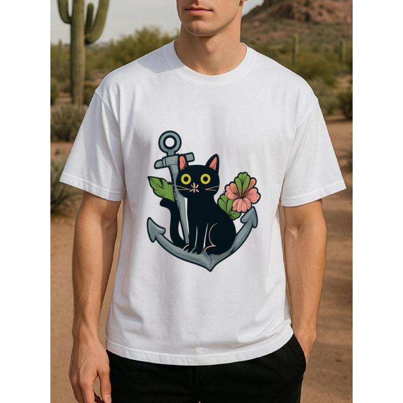 Adorable Short-Sleeved T-Shirt Featuring a Warm And Cozy Cat Anchor Design for Men, Crafted from High-Quality Breathable Fabric. This Top Is Perfect