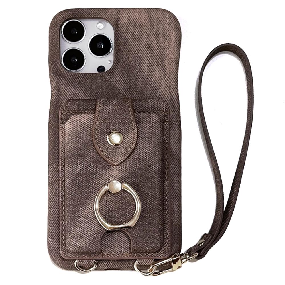 For iPhone 16 Pro Max Case Ring Kickstand Card Holder Jeans Cloth Texture PU Leather Back Cover with Strap E