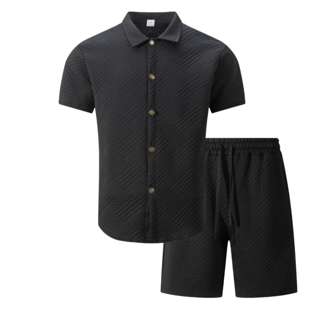 Men's Color Collared Cardigan Short-sleeve Shirt And Shorts Casual Set