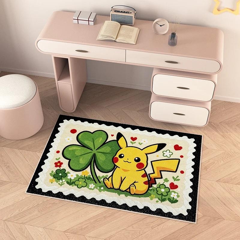 Doorway Floor Mat, Faux Cashmere, Pikachu 3D Print, Soft Water Absorbent, Lucky Clover Home Decor Rug