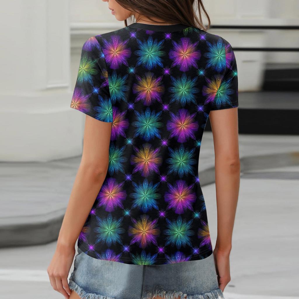 Damen-T-Shirt, T-Shirt, bedruckt, Knopfleiste, kurzärmelig, für den Alltag, Wochenende, modisch, Basic, V-Ausschnitt, normales Oberteil