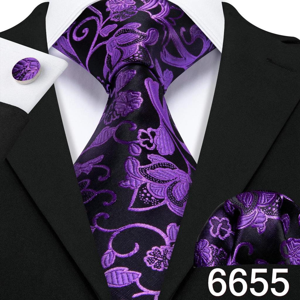 Barry.Wang Necktie Hankerchief Cufflinks Set Violet Paisley Tie Jacquard Woven Wedding