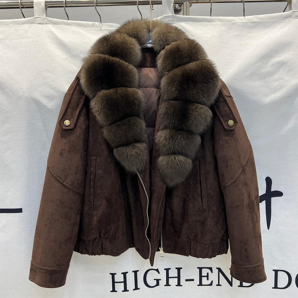 Autumn and winter new suede down fox fur big fur collar short down jacket women's locomotive trendy coat