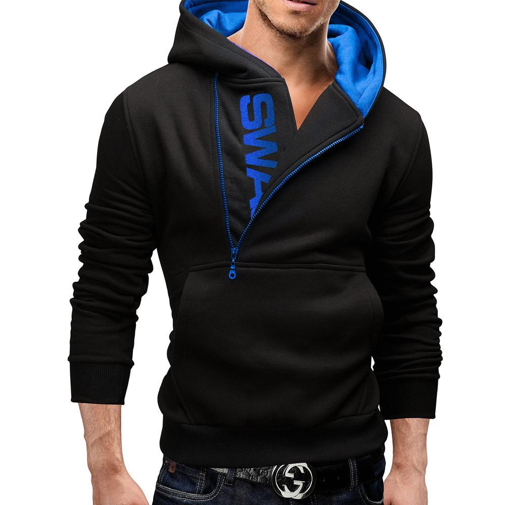2024 Men's Black Color Block Pullover Hoodie with Side Zipper