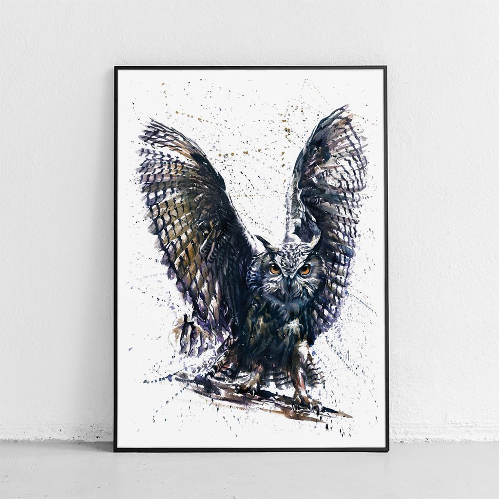 Poster Owl Abstract Watercolor In Black Frame 