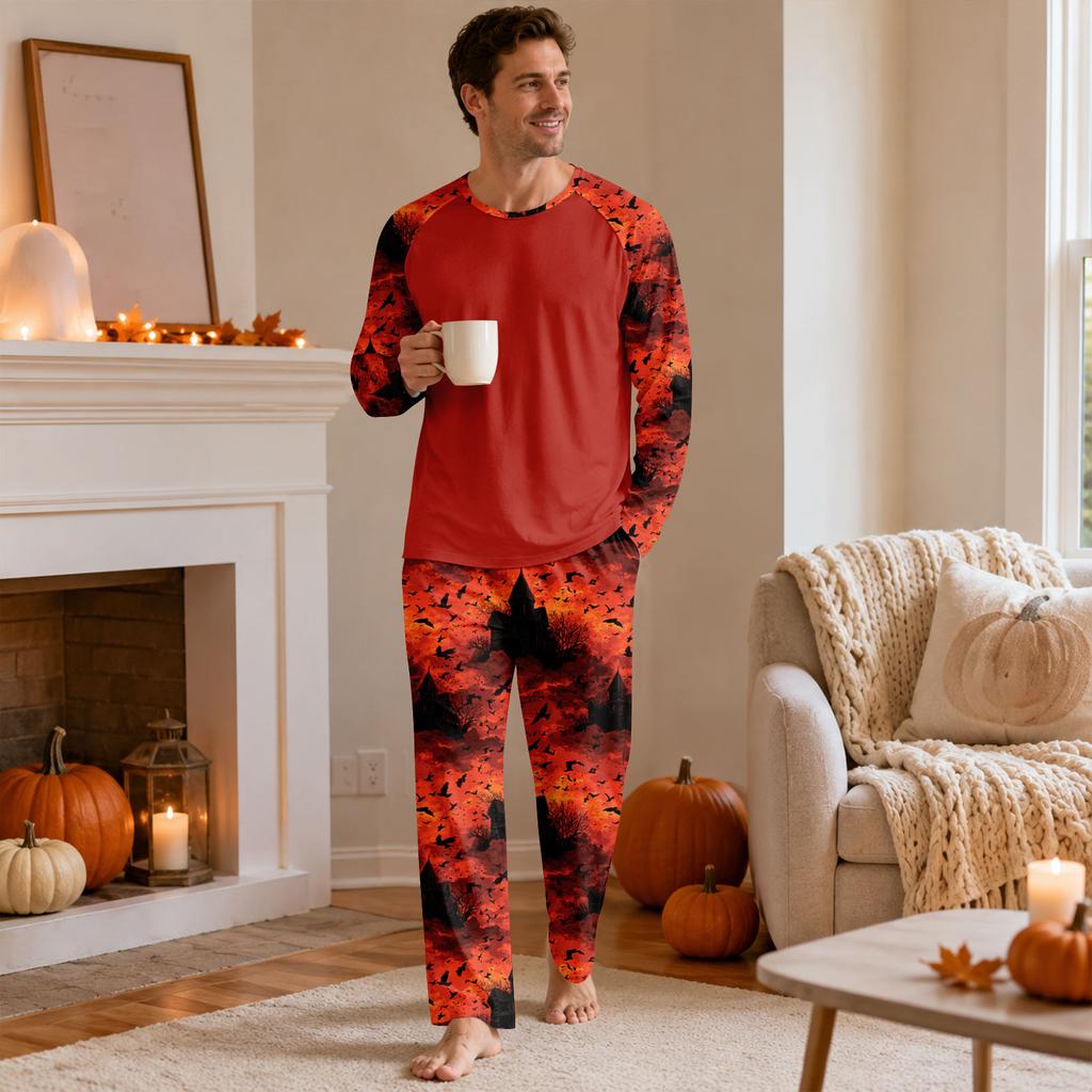 Men's Halloween Pajama Set with Long Sleeve Round Neck Top and Pants for Comfortable Sleep
