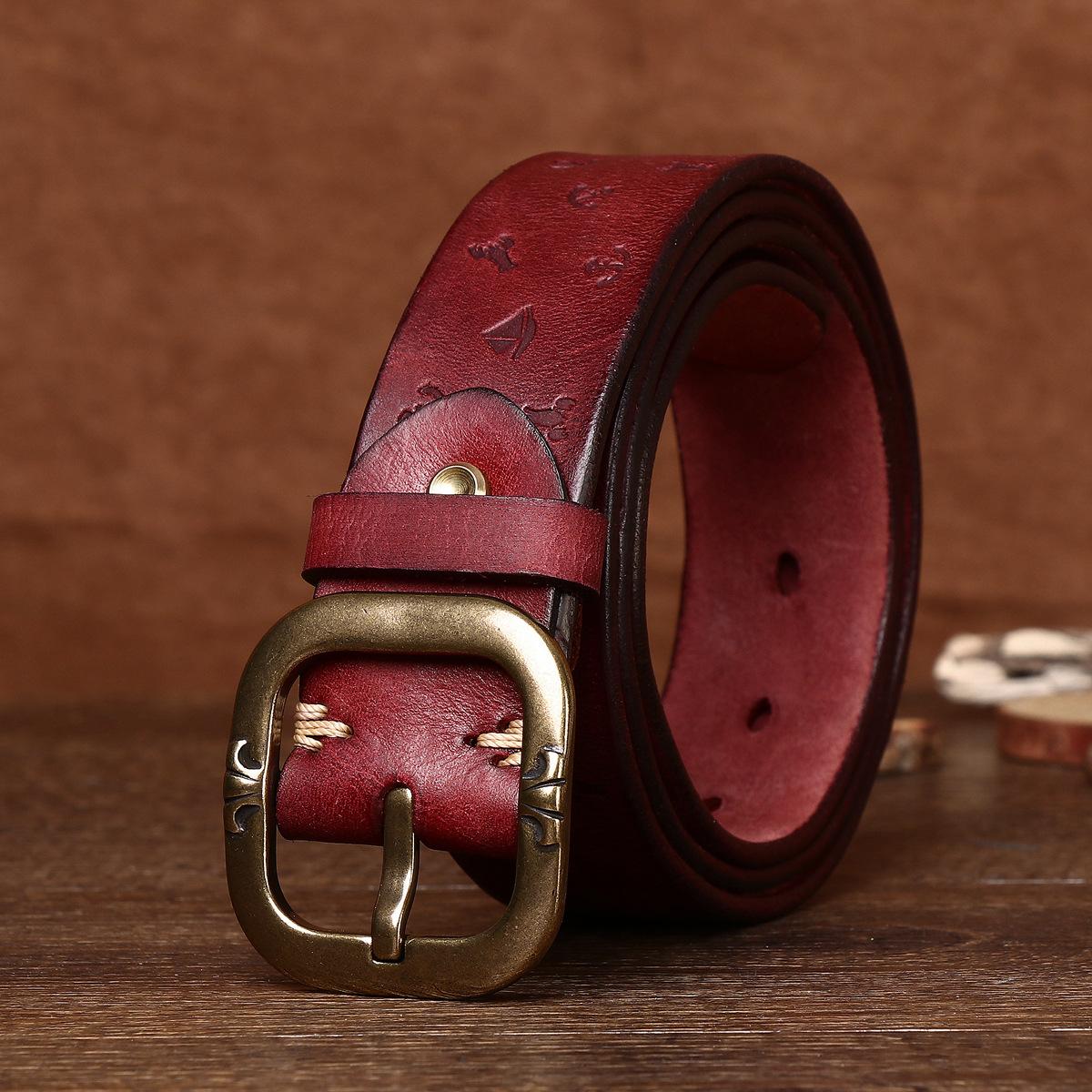 

Новый корейский вариант ретро тисненый ремень мужской из натуральной кожи чистая коровья кожа локомотив пряжка модный ремень для брюк мужской 125cm бордовый