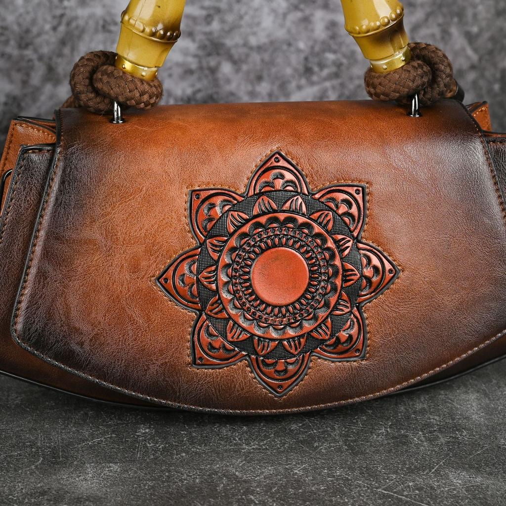 Vintage Embossed Leather Handbags for Women Designer Crossbody Shoulder Bag with Top Handle Chinese Style Handmade Purse 2025