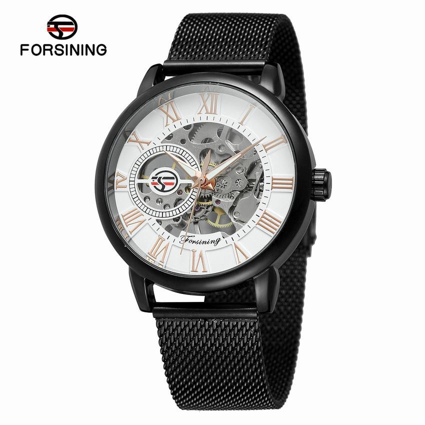 Forsining Watch Men's Fashion Leisure Roman Numerals Digital Mesh Belt Hollow Out Mechanical Watch