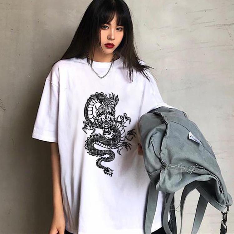 Harajuku Women's T-Shirt Chinese Dragon Cartoon 90S Top Female T Shirts Harajuku Summer Streetwear O-Neck Leisure Shirt Clothes