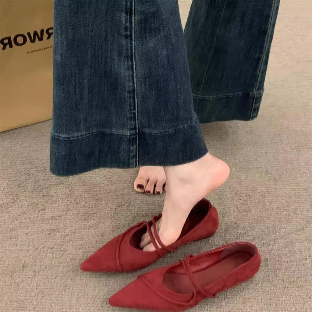 Inner Heightening Retro Suede Pointed Mary Jane Single Shoes Women's Shoes 2025 New Spring Commuter French Evening Shoes