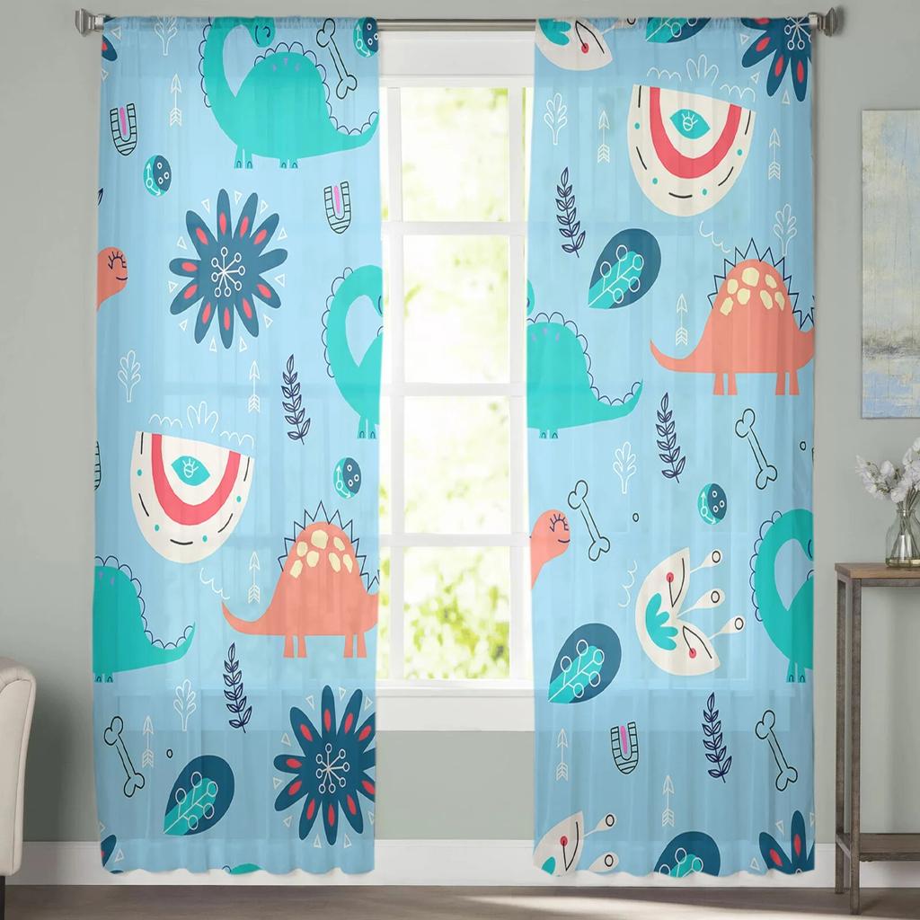 Dinosaur Flowers Leaves Lines Sheer Curtains For Living Room Bedroom Kids Room Tulle Window Treatment Drapes