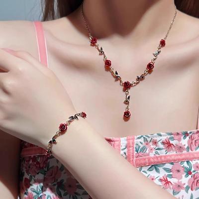 Retro New Chinese Jewelry Set Ins Niche Diamond Red Rose Flower Personality Temperament Necklace Bracelet Female