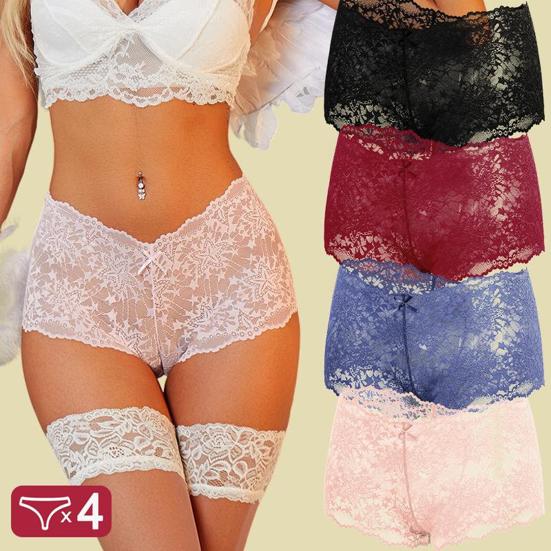 

FINETOO 4 шт./компл. Женские трусики с кружевом, средней посадки, эластичные, прозрачные, кружево со звездочками, четырехсторонние, женское нижнее белье S
