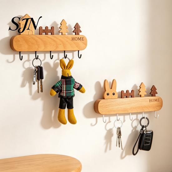 Wall Mounted Key Holder Wooden with 5 Hooks, Cartoon House Theme Organizer, Multi Adhesive Rack for Purpose Hanging Keys Pet Leashes And Hats