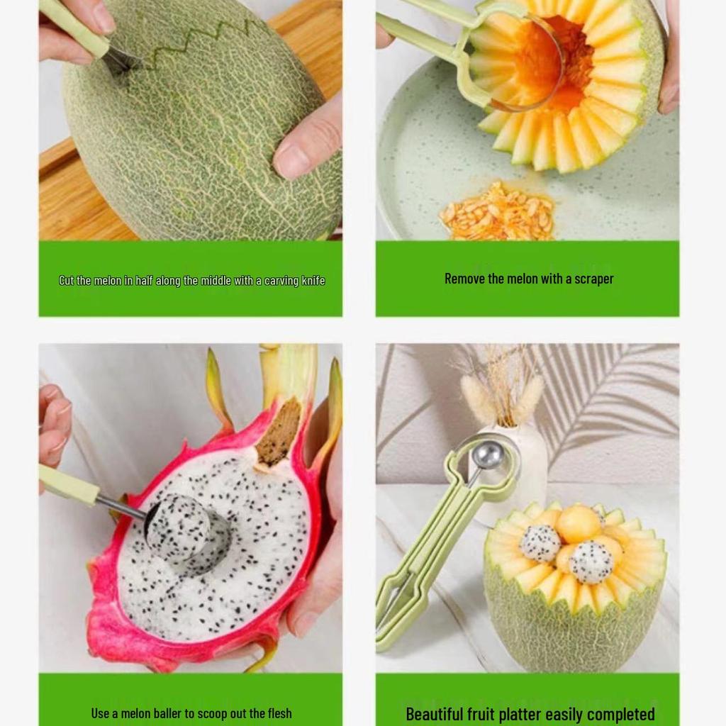 3-in-1 Fruit Baller & Carving Knife Set: Multi-Style Embossing Spoon and Fruit Remover.