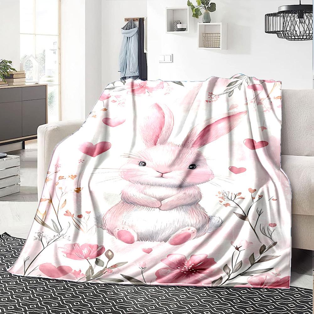 1pc Rabbit Flowers Blanket Lightweight Flannel Throw for Sofa Bed Travel Camping Livingroom Office Couch Chair