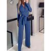 European and American Women's Trousers Set Solid Jumpsuit Solid V-neck Temperament Jumpsuit V-neck Jumpsuit
