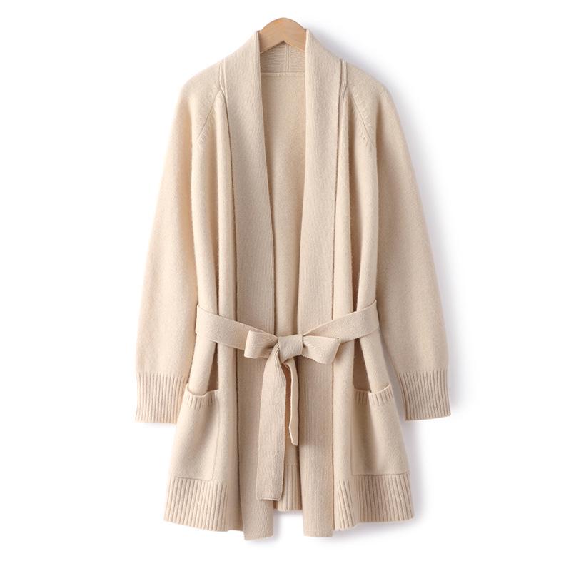 Autumn-Winter Cashmere Knit Women's Long Sleeve Loose Cardigan with Belt