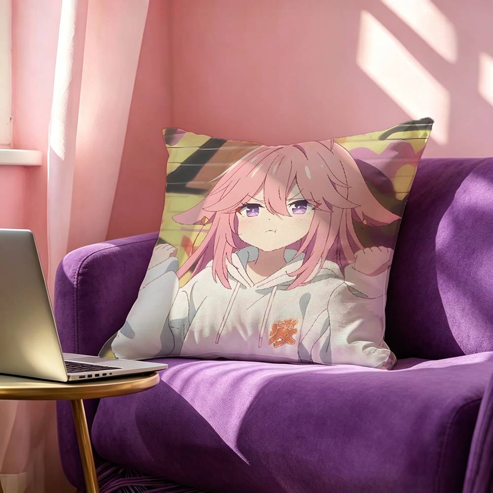 Yae Miko Cute Genshin Impact Pillow Case Square DoubleSided Sofa Cushion Cover Bedroom Bedside Pillow