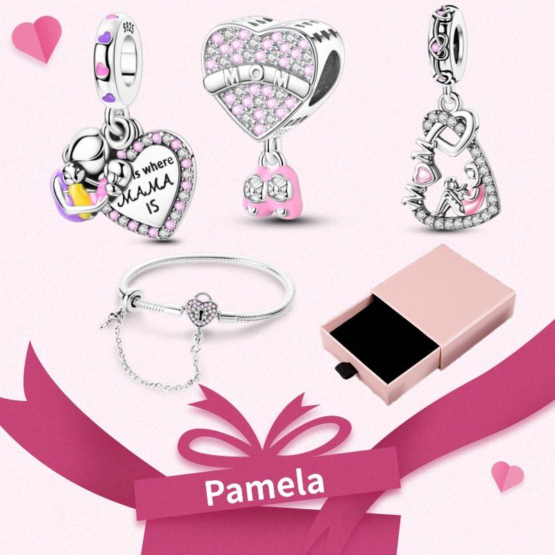 Pink Heart Charm Set 925 Original Silver Charms Bracelet With Gift Box For Women Wedding Anniversary Jewelry Gift 4pcs/lot
