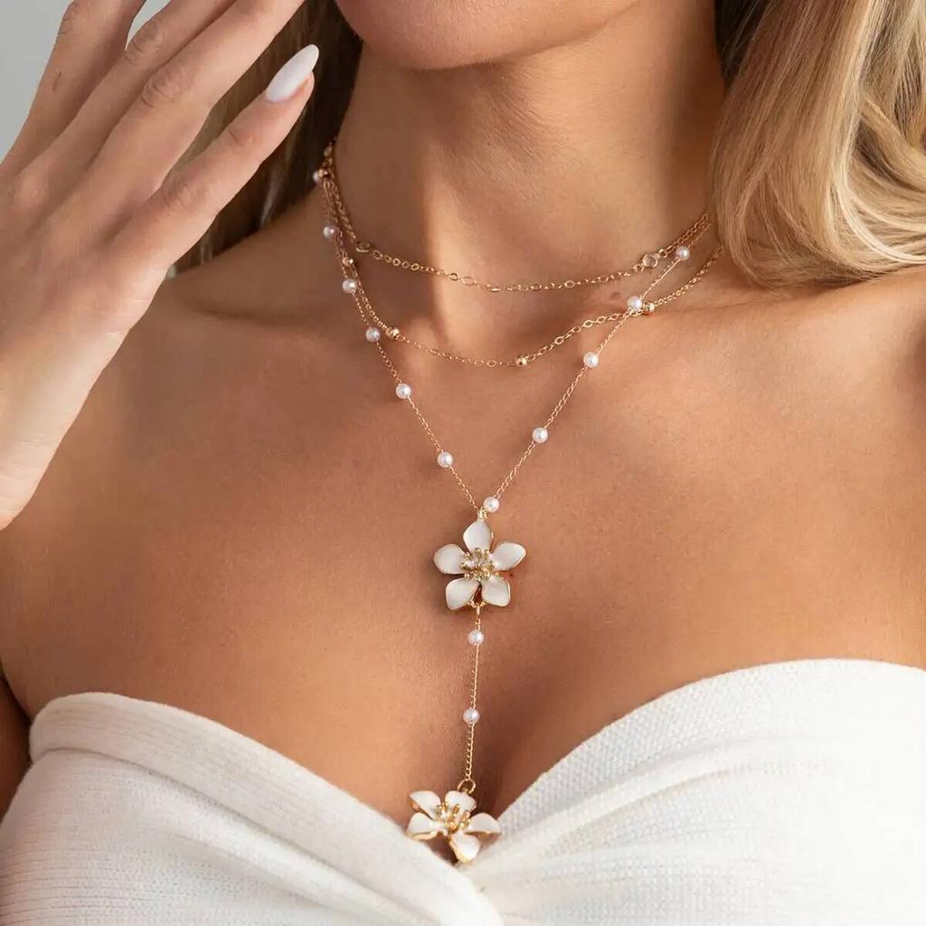 IngeSight.Z Exquisite Romantic Pink Drip Oil Flower Pendant Choker Necklace Women Boho Imitation Pearl Metal Chain Lady Jewelry