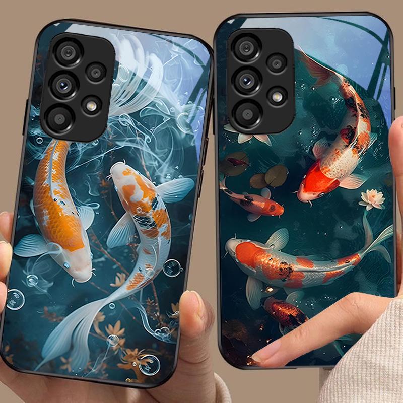Chinese Wind Fish For Samsung Galaxy S 8 9 10 20 Plus 21 FE 22 23 24 Ultra S7 Edge Black Tempered Glass Phone Case Hard Shell