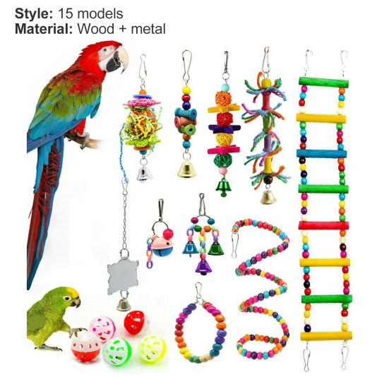 15 sztuk / zestaw Zestaw zabawek dla papug Koraliki Ball Bell Lekka akrylowa klatka dla ptaków Huśtawka do żucia Zabawka dla zwierząt domowych