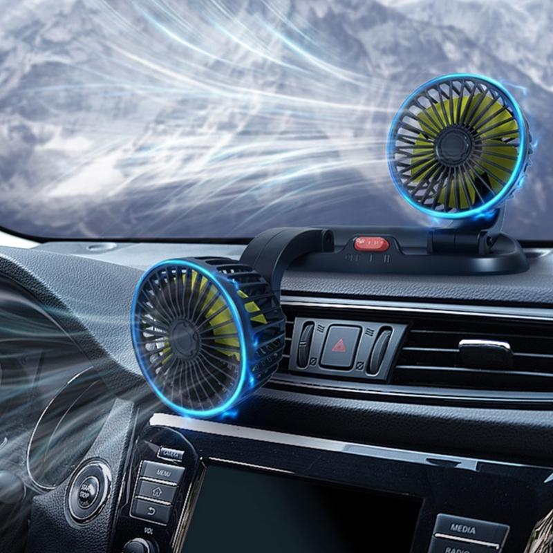 12V/24V Car Cooling Fan Dual Head 360° Rotation Vehicle Mounted USB Fan Auto Cooler Fan for Dashboard Air Circulator Fan