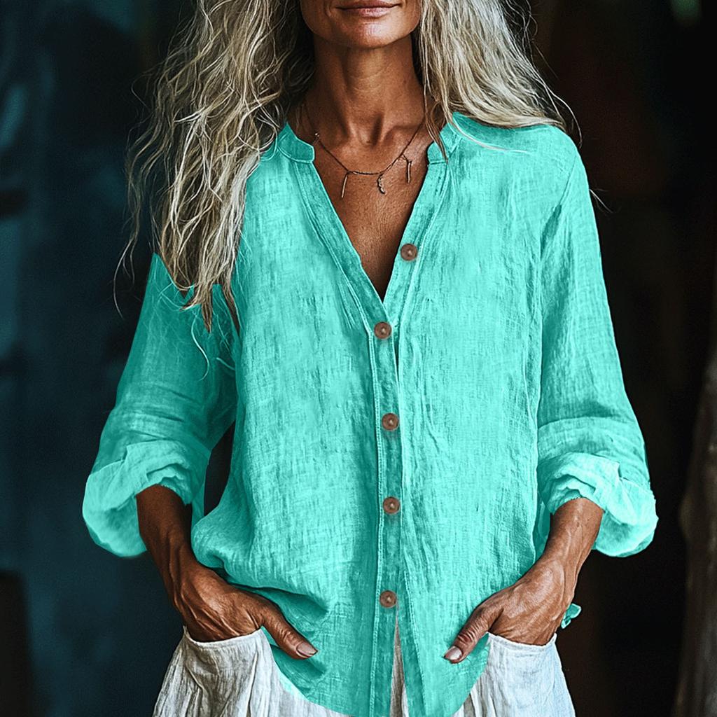 Women's Fashionable And Casual Solid-color Long-sleeved Cotton And Linen Shirt Top