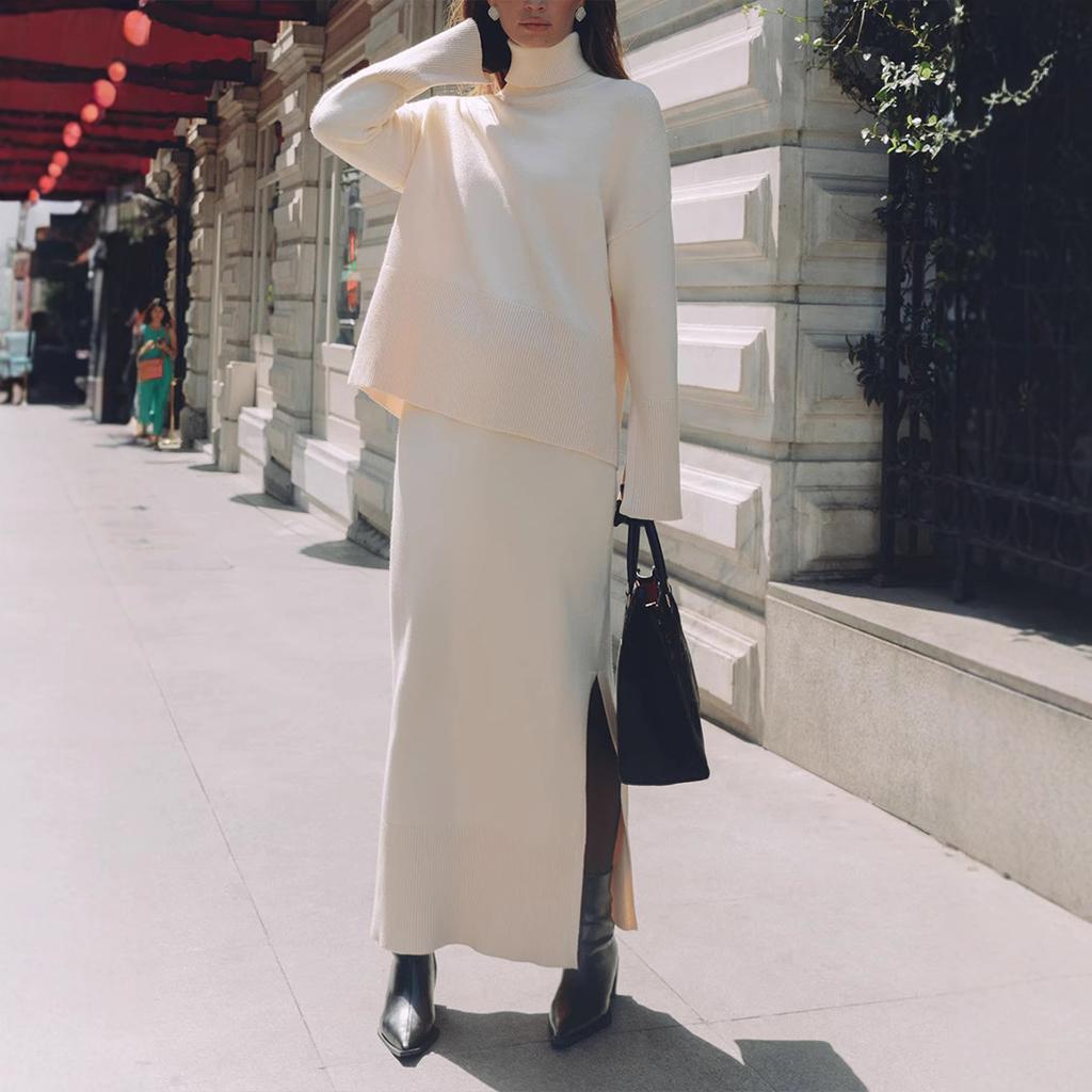 Knitted sweater set for women, European & American 2025 autumn/winter new elegant loose sweater slit midi skirt set