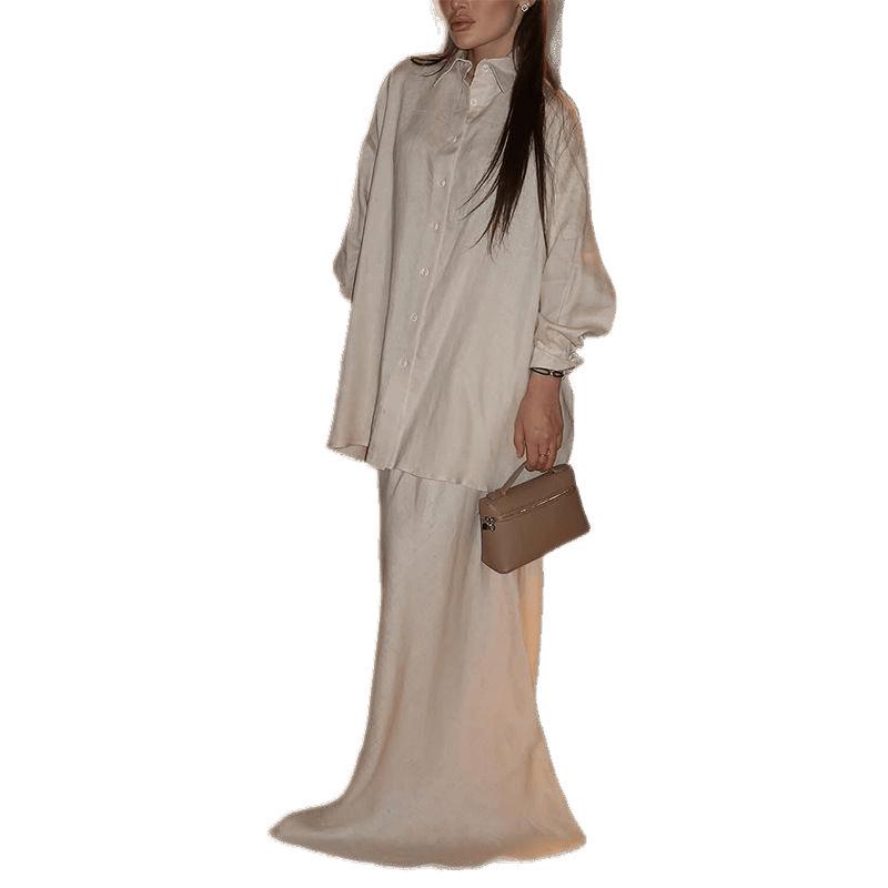 Women's Spring/Summer 2025 Fashion: Turn-Down Collar Loose Shirt & High Waist Midi Skirt Set