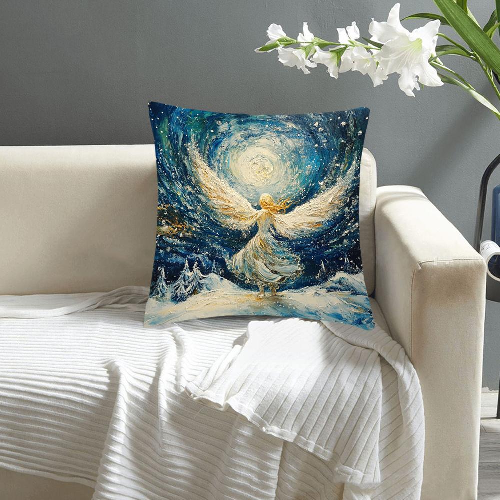 Blue Starry Night Angel Print Throw Pillow Cover, Winter Christmas Oil Painting Decorative Cushion
